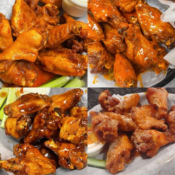 Four-panel collage showing honey gold, buffalo, BBQ, and garlic parm wings